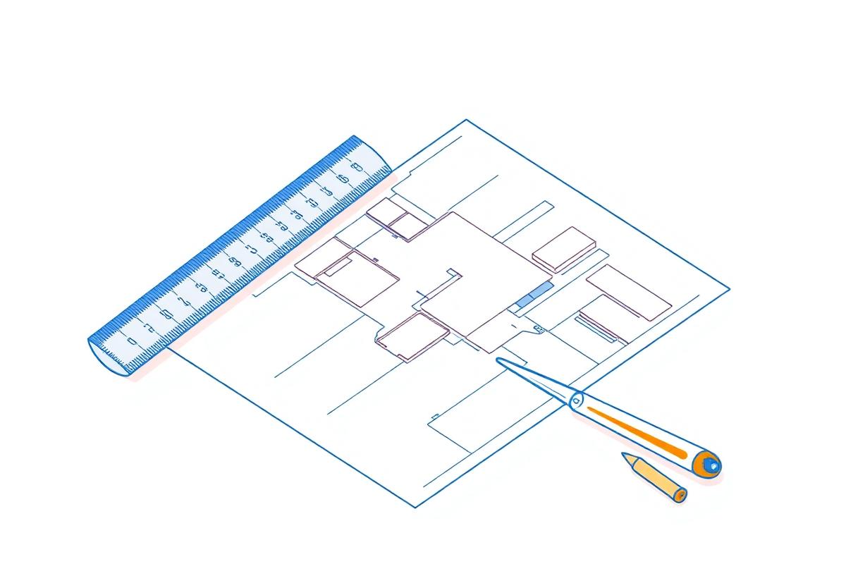 Ilustración de un plano arquitectónico con regla y compás.