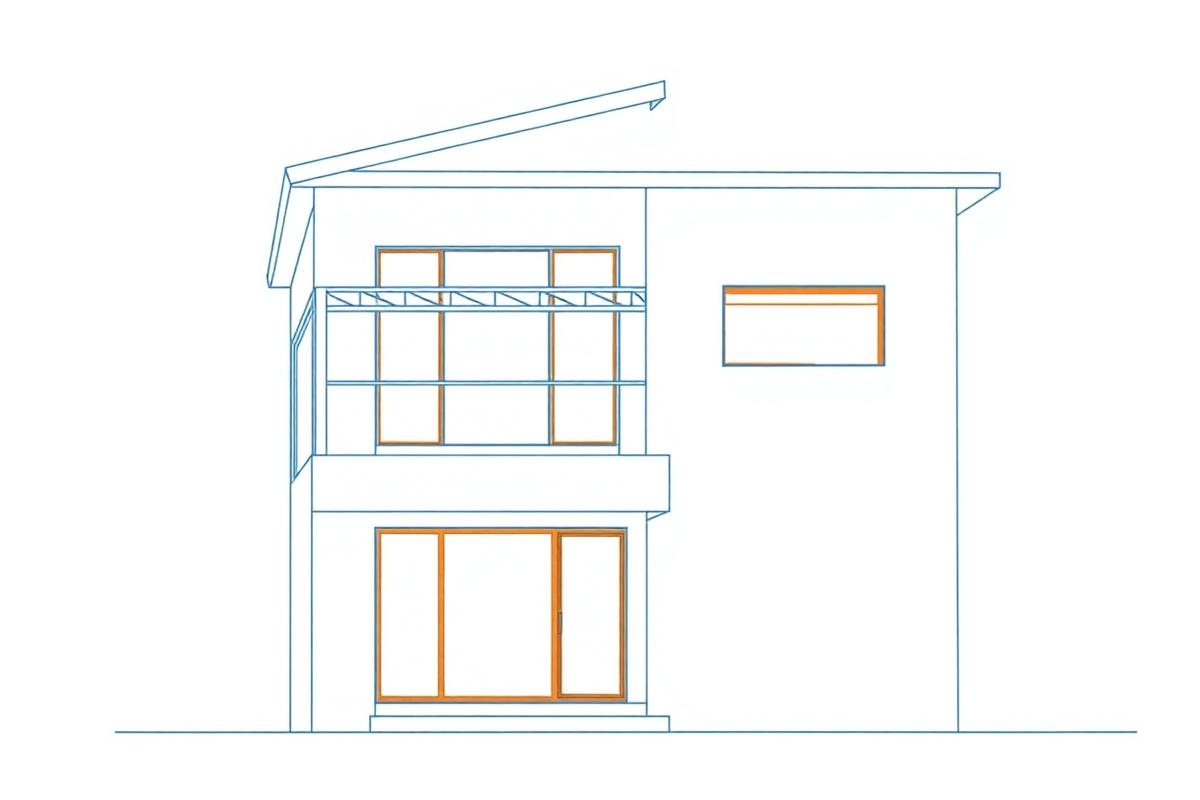 Ilustración de una fachada residencial moderna en estilo técnico.